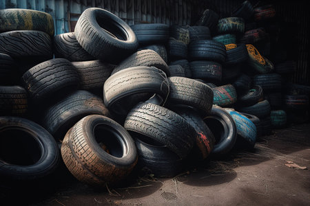 A huge number of car tires. Graveyard of old used tires. Ecological disaster. Generative AIの素材