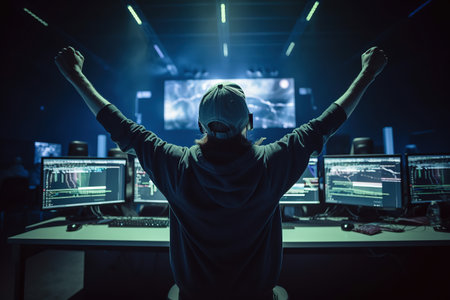 Professional esports raises his hands rejoices in victory. Generative AIの素材