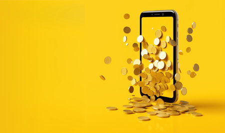 Earnings on the Internet. Gold coins are falling from the smartphone screen. Generative AIの素材