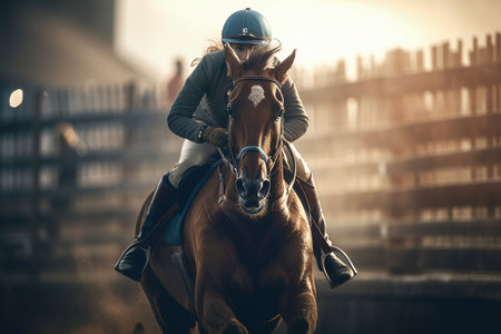 Horseback Riding. Racehorse with rider. Generative AIの素材