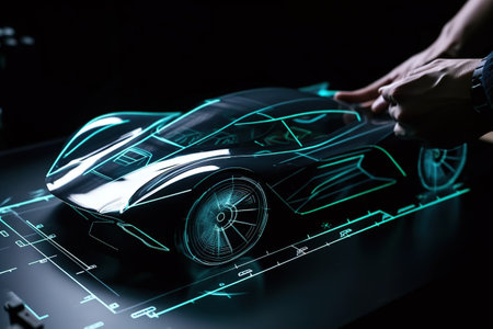 Car design using a holographic application in a digital tablet. Generative AIの素材