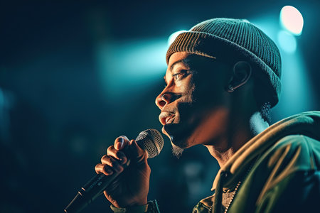 Hip-hop style. A black hip-hop performer raps. Battle. Concert. Generative AIの素材