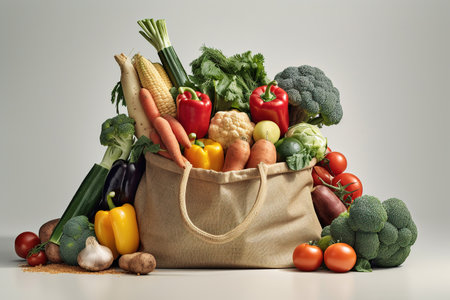 Grocery bag. Bag filled with vegetables and herbs. Shopping in a supermarket. Generative AIの素材