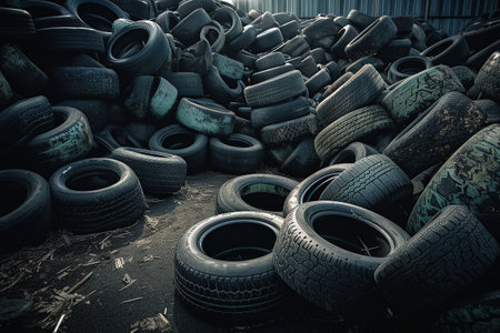 Old used tires. A huge number of car tires for recycling. Generative AIの素材