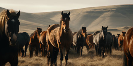 Wild horses in the field. Generative AIの素材