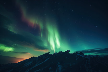 Northern lights in the mountains. Night starry sky. Polar Lightsの素材
