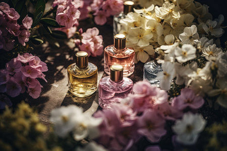 Presentation of floral perfumes. Perfume bottles among flowersの素材