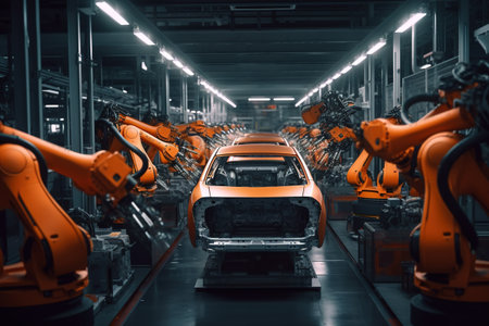 Car manufacturing. Robotic manipulators assemble a car at the factory.の素材