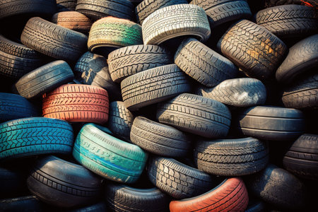 Big pile of used old car tires for recyclingの素材