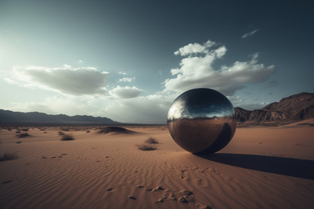 Massive chrome sphere in a huge desert. Creative modern surreal ambient panoramic backgroundの素材