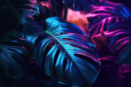 Tropical banner with neon monstera leaves. Nature conceptの素材