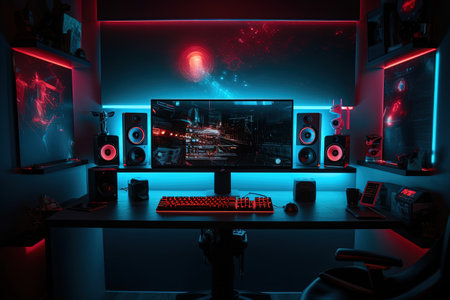 Futuristic modern workplace of a professional gamer and e-sportsman. Computer gaming PC on a video game table in a dark room with neon light. Cyberspaceの素材