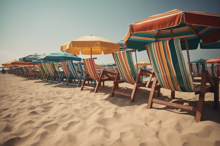 Sun loungers with umbrellas on a sandy tropical beach. Vacation and travel conceptの素材