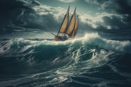 A sailing ship is caught in a storm and is trying to overcome the raging oceanの素材