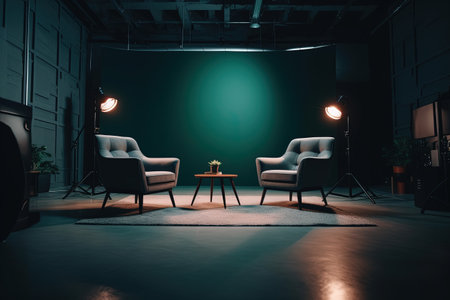 Cozy minimalist studio. Empty studio without people. Studio for podcasts or interviews. Stylish studio. Two comfortable armchairs with lighting and a coffee tableの素材
