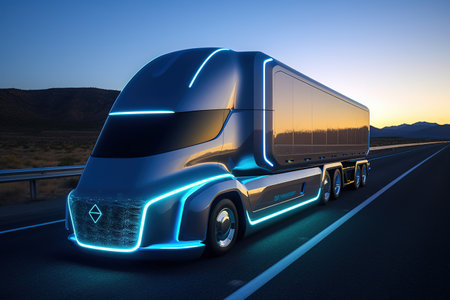 Modern Futuristic truck. Empty wet road. Logistics. Cargo deliveryの素材