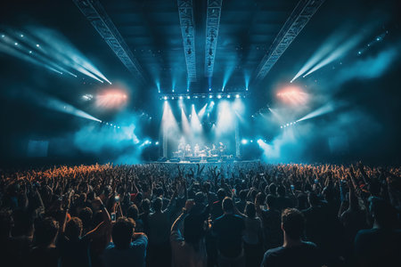Big concert, show with lighting effects and a big stageの素材