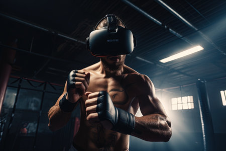 Boxer wearing virtual reality glasses takes part in fights. Real fights in the virtual world. Sports technologies of the futureの素材