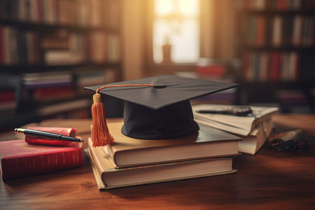 Graduation hat with tassel on books. Bonet, Oxford cap. Getting a qualification. Online education conceptの素材