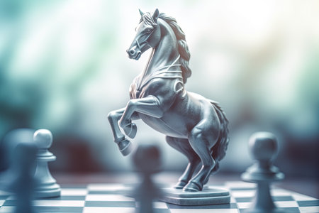 Silver figure of a chess knight on a chessboard. Developed thinking. Sport. Tricky move. Businessの素材