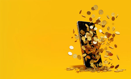 Earning online. Technologies. Gold coins falling from the smartphone screenの素材