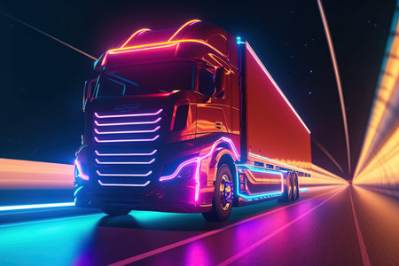 Futuristic truck with neon lights along the body. Freight transportation. In moveの素材