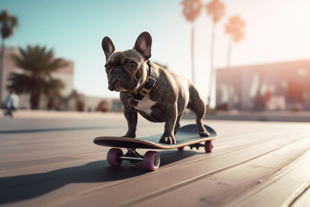 Cute French bulldog riding a skateboard in a sunny cityの素材