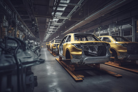Production line of a car manufacturing plant. Assembling cars with the help of a robotic armの素材