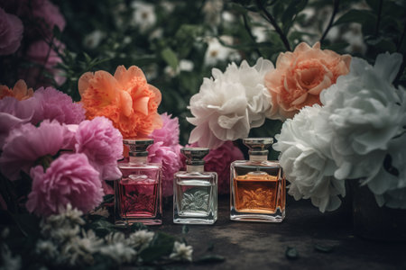 Perfume bottles with various scents. Presentation of floral fragrancesの素材