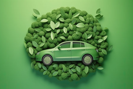 Green eco car in leaves. Electric car and clean air. World Environment and Earth Day. Paper cut style. Ecology conceptの素材