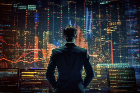 Trader in a suit against the background of the stock market and charts. Trading on the stock exchangeの素材