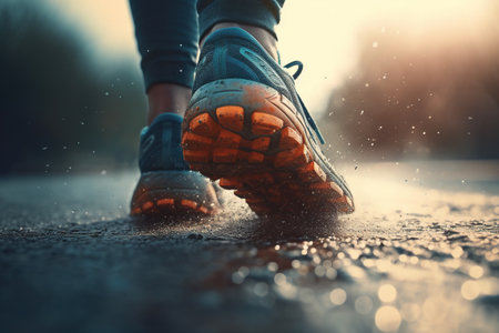 Sports runner closeup shot of feet in sneakers. Runners legs. Jogging in the park. Sports conceptの素材