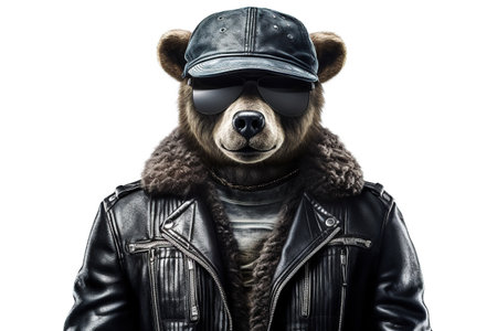 Cool gangster bear in a leather jacket, sunglasses and cap on a white backgroundの素材