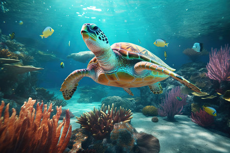 Turtle. Undersea world. A big beautiful turtle swims in the depths of the oceanの素材
