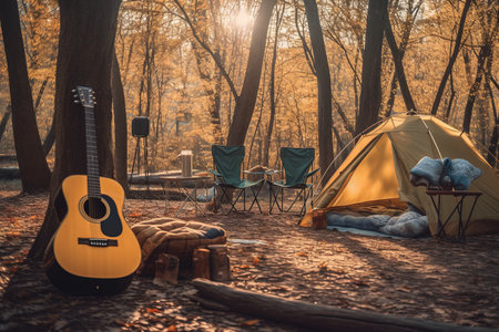 Overnight in a tent with a guitar. Camping. Traveling. Tourismの素材