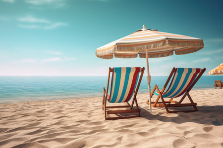 Two bright sun loungers on a sandy white beach with an umbrella. Vacation, travel conceptの素材