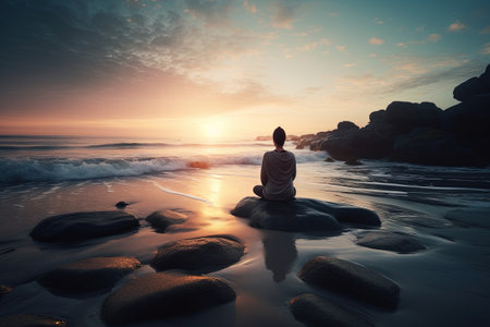 Person sitting on the stones meditates on the beach near the waterの素材