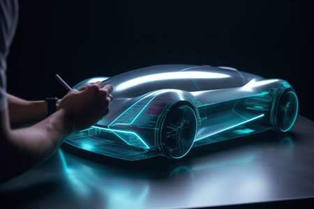 Creating a car design using a tablet. Hologram of a car. Digital technologiesの素材