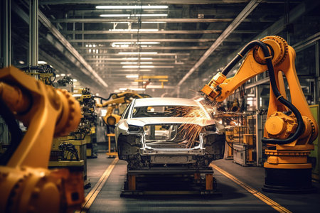 Conveyor belt at a car factory. Automated robotic arms assemble cars in a factoryの素材