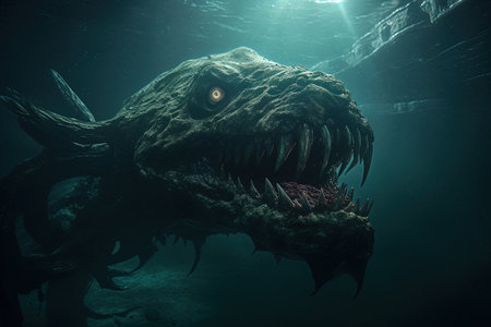 Creepy monster leviathan in the deep dark ocean. Horror atmosphereの素材