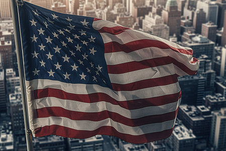 The waving flag of the United States of America against the background of the city and buildings. Independence Dayの素材