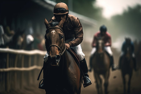 Horse racing at equestrian competitions at the hippodrome. Sports concept. Victoryの素材