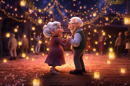 Happy elderly couple dancing in a cozy atmosphere with lights. Cartoon styleの素材