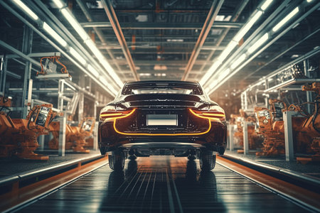 Automobile plant, engineering conveyor. Automobile assembly line using a robotic arm. AI technologiesの素材