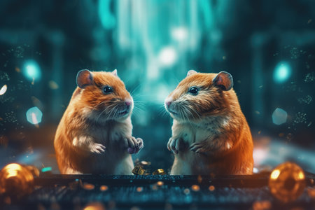 Cute hamsters with bitcoin coins. Study the stock market. Beginner trader and cryptocurrency conceptの素材