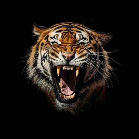 Tiger with an open mouth and sharp teeth isolated on a black background. Dangerous, angry tigerの素材