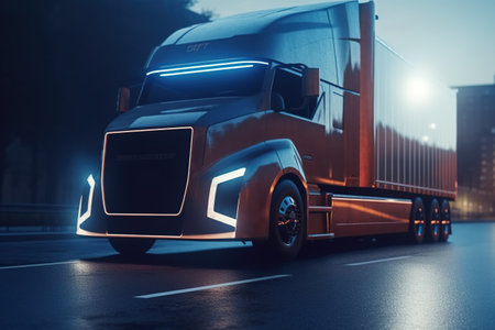 Modern truck is driving along the highway. Lighting, lighting fixtures. Logistics, deliveryの素材