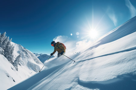 Man skiing in the mountains on skis on a sunny clear day. Sports, recreationの素材