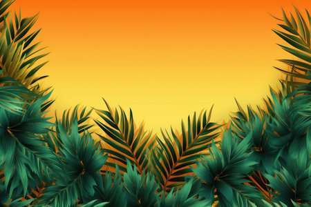 Banner made of tropical green leaf leaves, tropical palm leaves. Illustration for design of wedding invitations, greeting cards, postcards.の素材