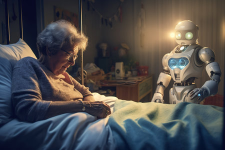Robot takes care of an old sick woman. Patient care. Technologies and medicine of the futureの素材